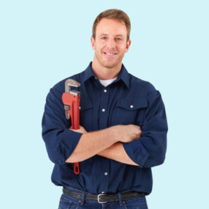 Instructor for online plumbing course holding pipe wrench in blue uniform
