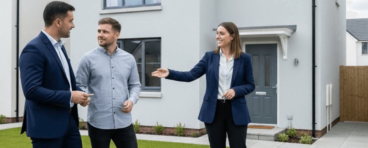 Female housing officer showing a modern grey house to two male clients, discussing features of the property for sale