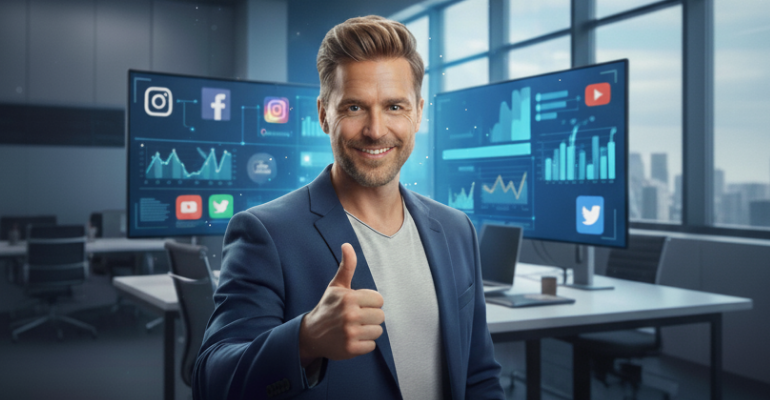 British man, digital marketing expert, YouTube banner. Thumbs up in tech office