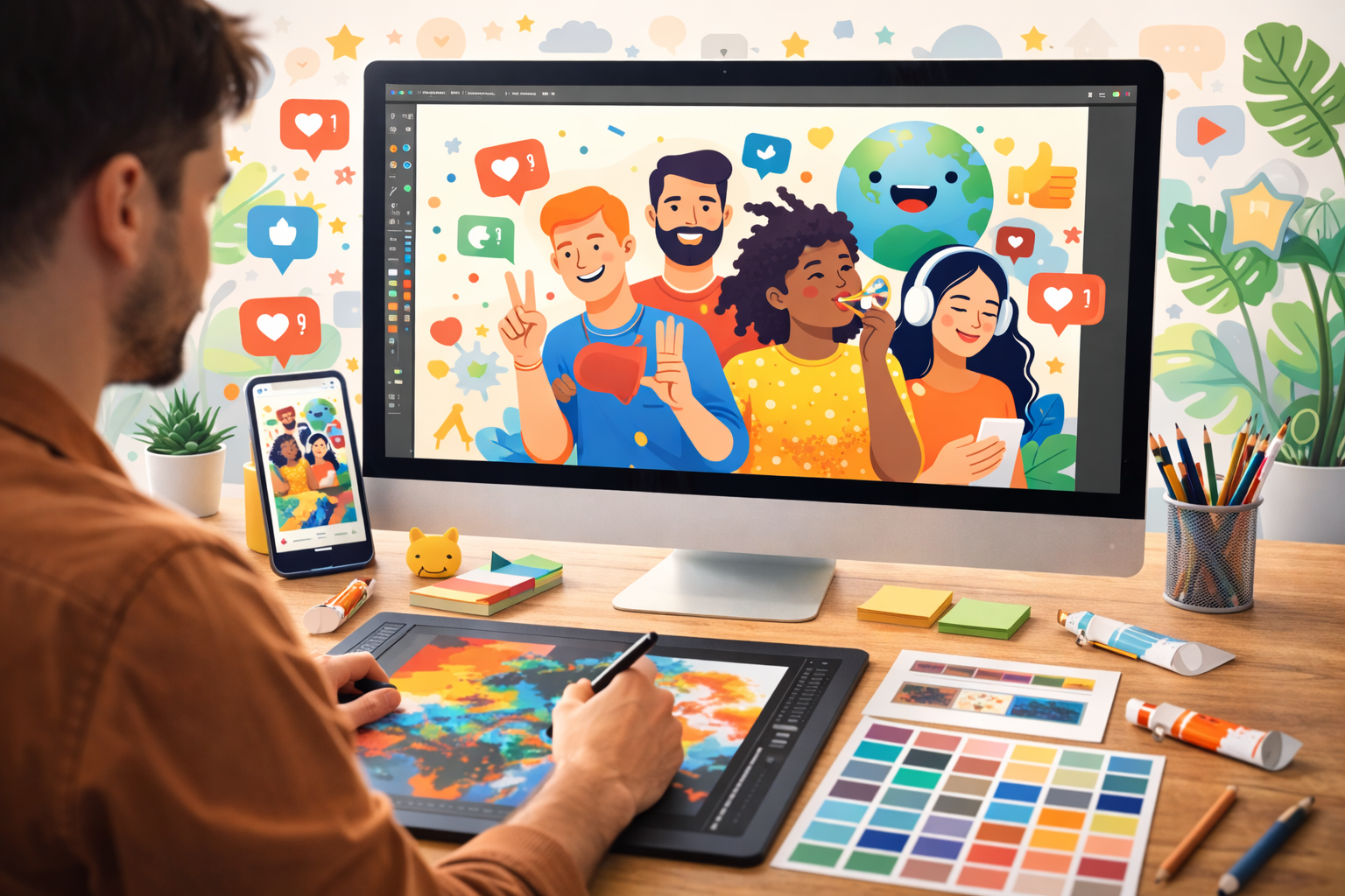 Designer creating trend-focused digital artwork with bold colours and diverse characters, illustrating modern design trends and mass-appeal visuals.