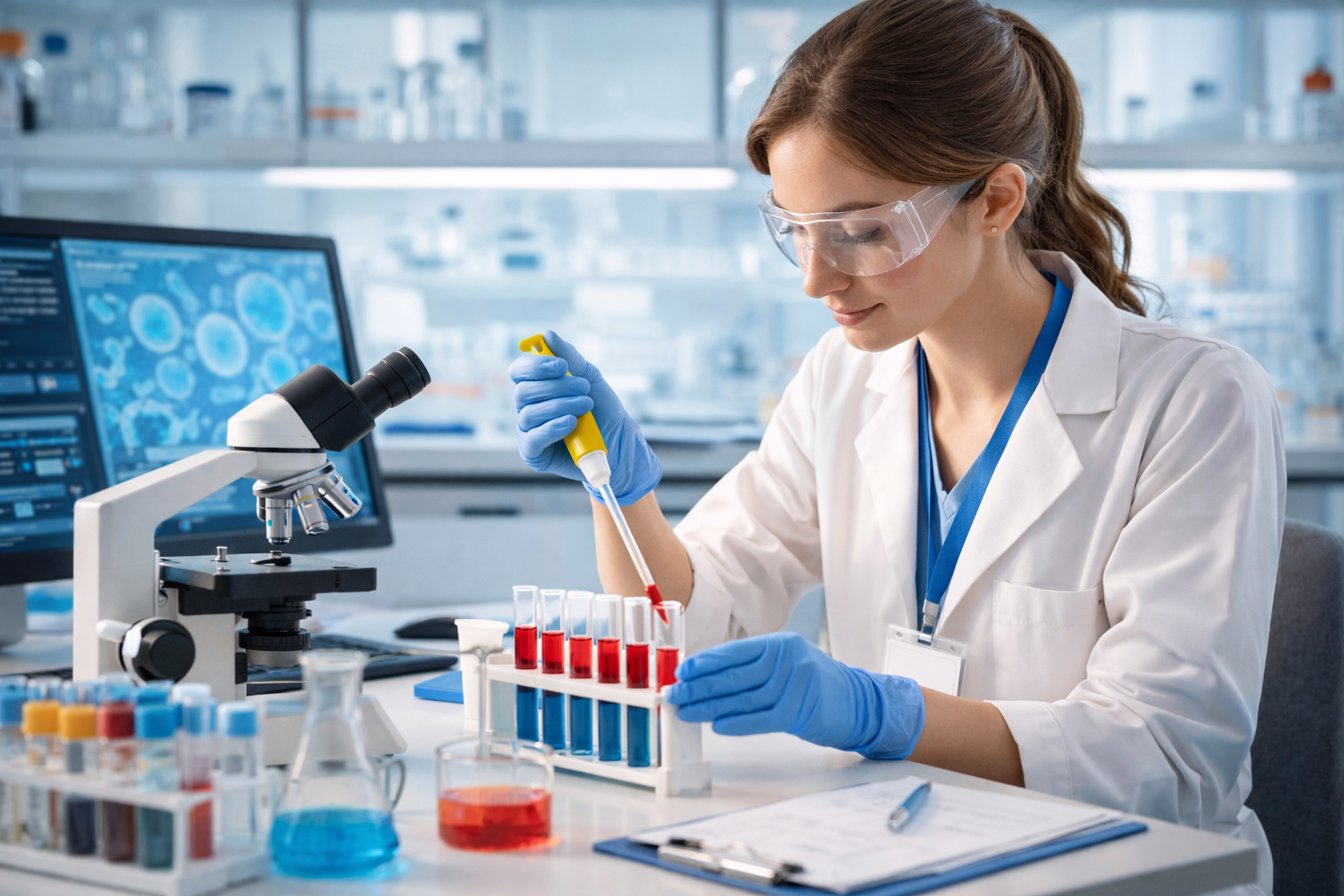 Laboratory technician using a pipette to analyse samples in a modern laboratory, illustrating laboratory testing, analysis, and scientific procedures.