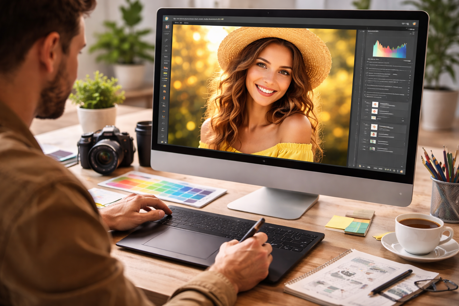 Professional graphic designer editing and retouching a portrait using Adobe Photoshop, illustrating advanced photo editing and professional design workflows.