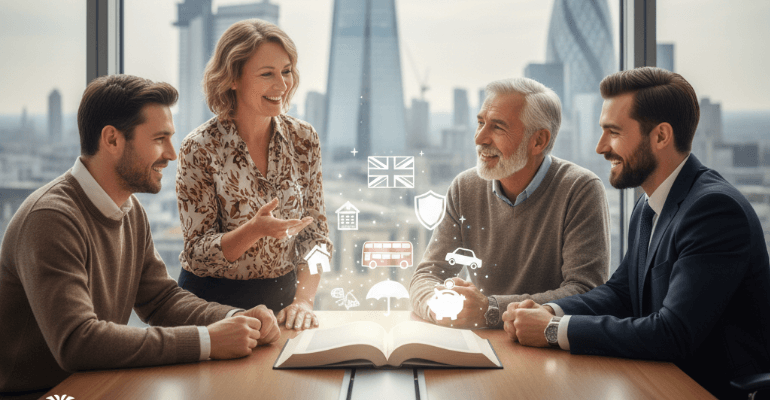 Diverse group of white individuals learning about UK insurance, discussing policies and regulations from a comprehensive course