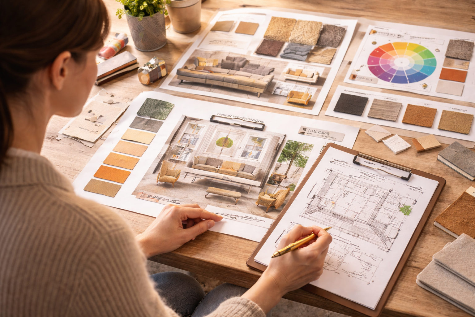Interior designer analysing design principles using mood boards, colour palettes, material samples, and layout sketches for interior spaces.