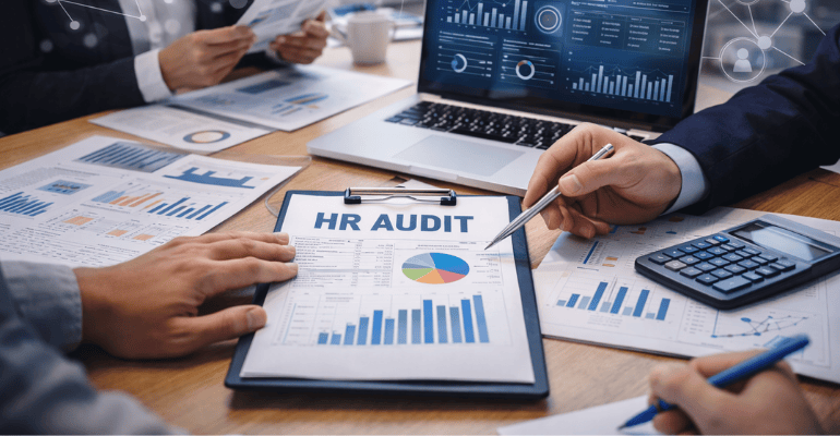 HR professionals conducting an HR audit with reports, charts, and analytics on a desk, illustrating workforce analysis, compliance review, and HR audit practices.