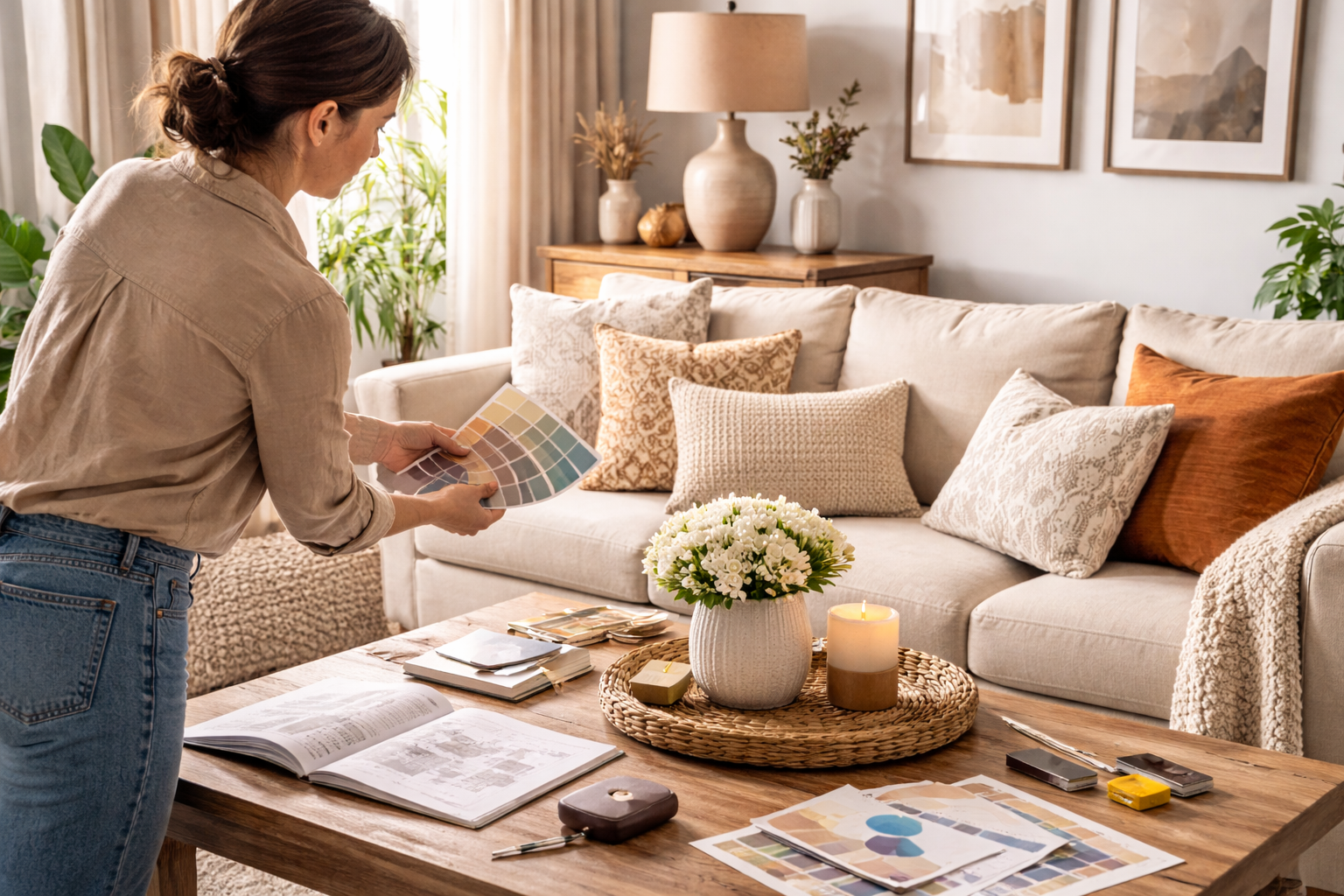 Interior designer styling and staging a modern living room using cushions, décor accessories, and colour palettes for interior design presentation.