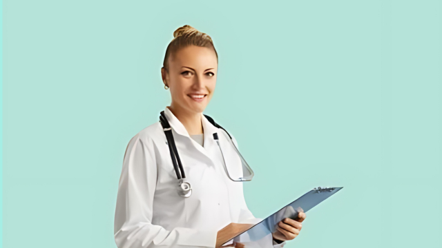 “Healthcare professional with stethoscope holding clipboard against a teal background.”