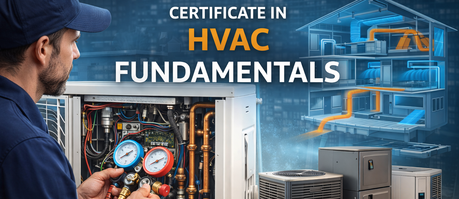 HVAC technician inspecting a heating and cooling system with pressure gauges, illustrating HVAC fundamentals and climate control systems.