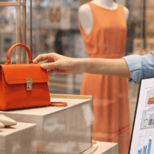 Visual merchandiser arranging a retail window display with handbags and shoes, demonstrating creative product placement and visual merchandising design.