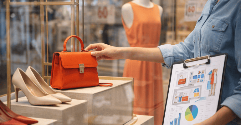 Visual merchandiser arranging a retail window display with handbags and shoes, demonstrating creative product placement and visual merchandising design.