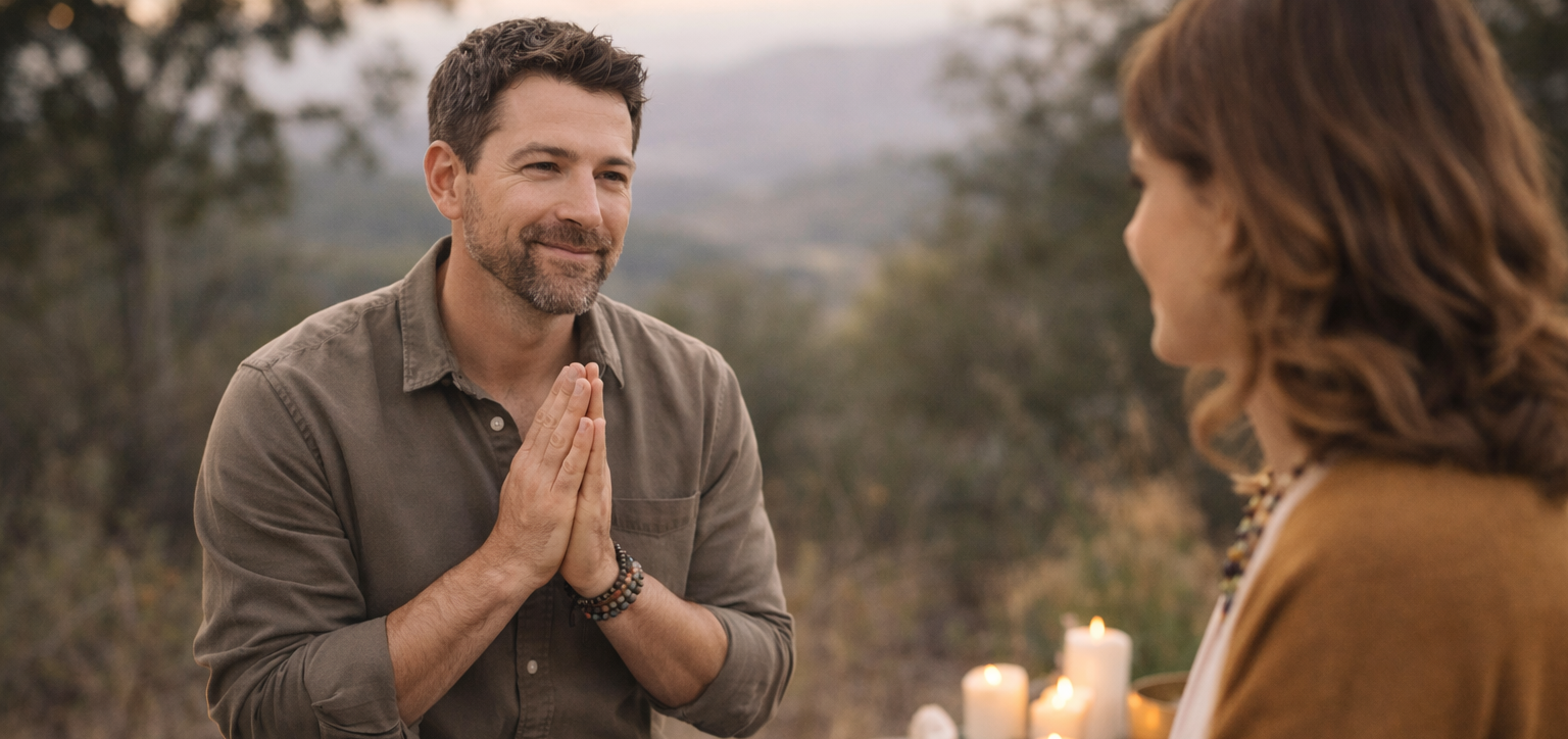 Spiritual life coach guiding an individual in a calm outdoor setting, illustrating mindfulness, self-reflection, and personal growth.