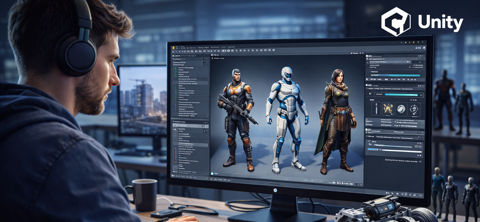 3D artist designing humanoid character models in Unity on a desktop computer, illustrating character creation and game development workflows.