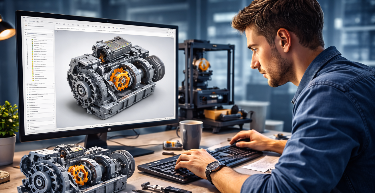 Engineer designing a 3D mechanical model using Fusion 360 on a desktop computer, illustrating CAD modelling and product design.