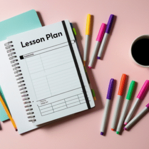 Teacher planning lessons using notebooks, planners, and a laptop, illustrating effective lesson planning and classroom preparation.