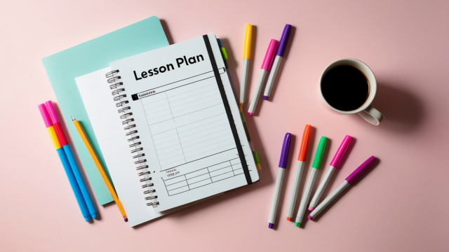 Teacher planning lessons using notebooks, planners, and a laptop, illustrating effective lesson planning and classroom preparation.