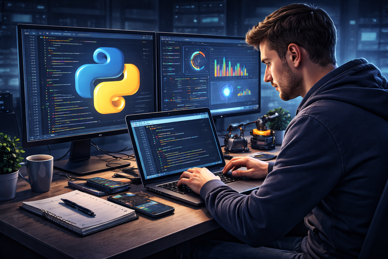 Person coding with Python on a laptop in a modern workspace, illustrating beginner-level Python programming and software development.