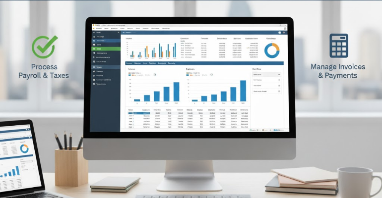 Sage 50 Accounting Payroll Course dashboard with laptop and calculator