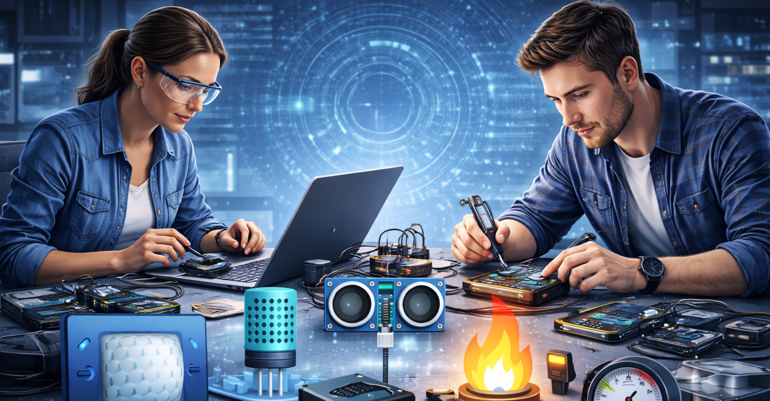 Engineers working with electronic sensors in a technology lab, testing and configuring motion, temperature, pressure, and ultrasonic sensors for automation and monitoring systems.
