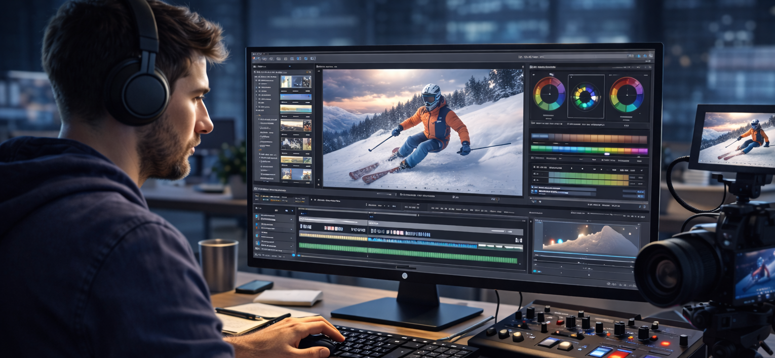 Video editor working on a computer with video editing software, colour grading tools, and editing timeline in a professional studio.