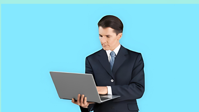 “Professional in suit holding laptop with obscured face against blue background for privacy concept.”