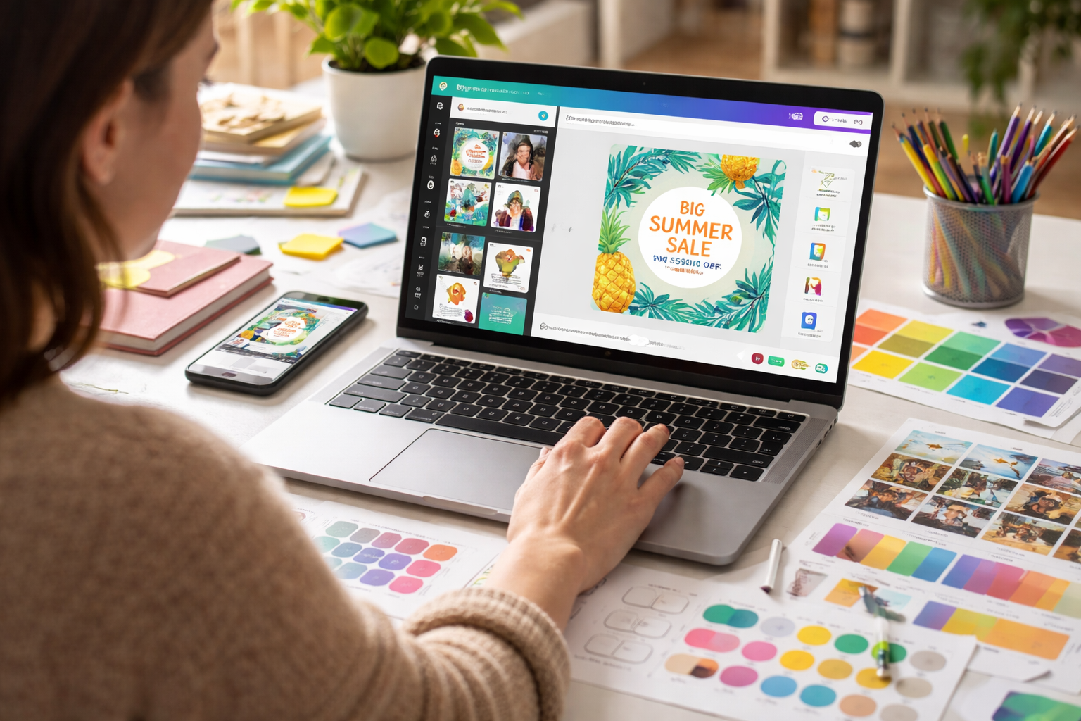Person designing social media graphics using Canva on a laptop, with templates, icons, colour palettes, and layout elements visible in a creative workspace.