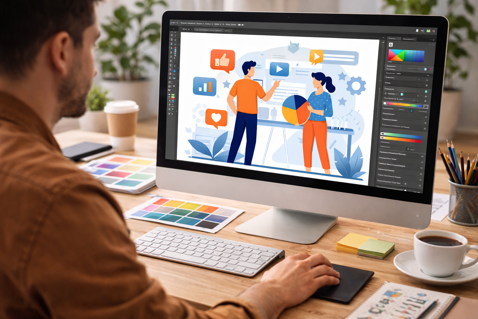 Graphic designer creating flat design vector illustrations using Adobe Illustrator, illustrating modern digital illustration and vector design workflows.
