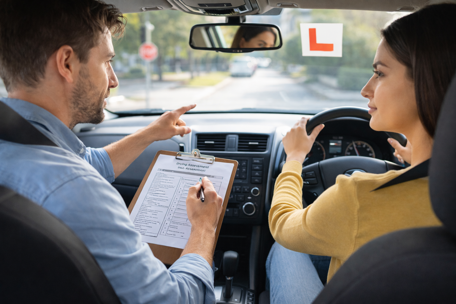 Driving instructor guiding a learner driver during a practical driving lesson, illustrating professional driver training and road safety instruction.