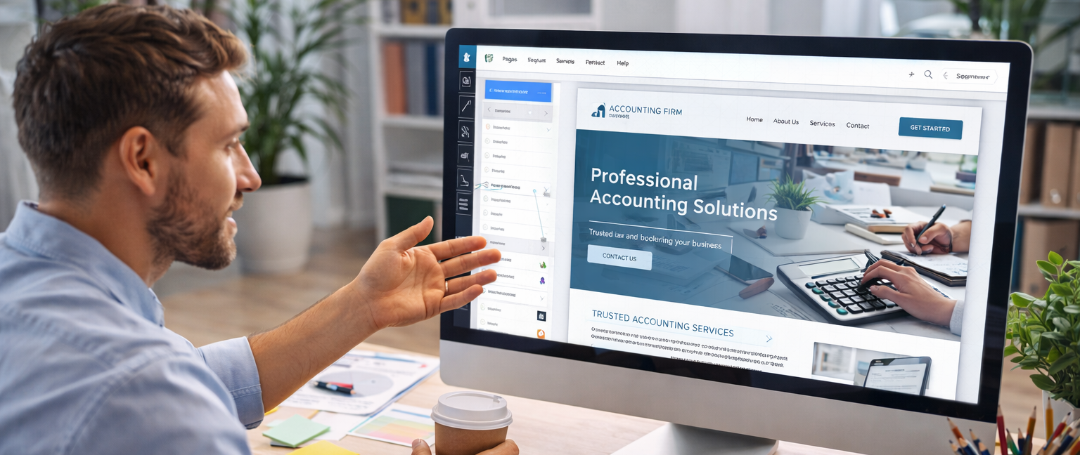 Person demonstrating how to create a professional website for an accounting business on a desktop computer, showing website layout, navigation, and accounting services design.
