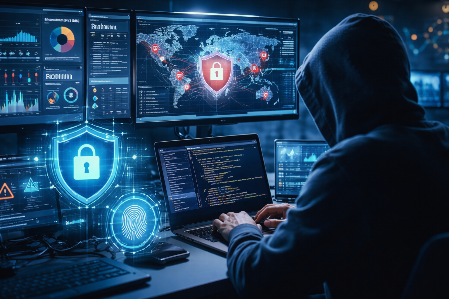 ALT text: Ethical hacker working on cybersecurity dashboards with network security analytics and threat monitoring screens, illustrating penetration testing and cyber defence concepts.