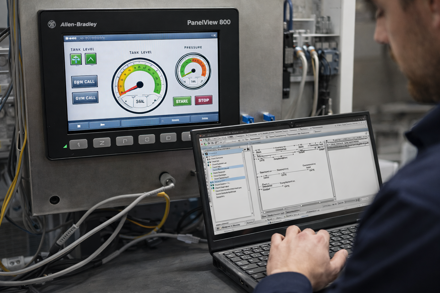 Technician configuring an HMI PanelView 800 touchscreen with industrial control dashboards and PLC programming software, illustrating HMI configuration and industrial automation programming.