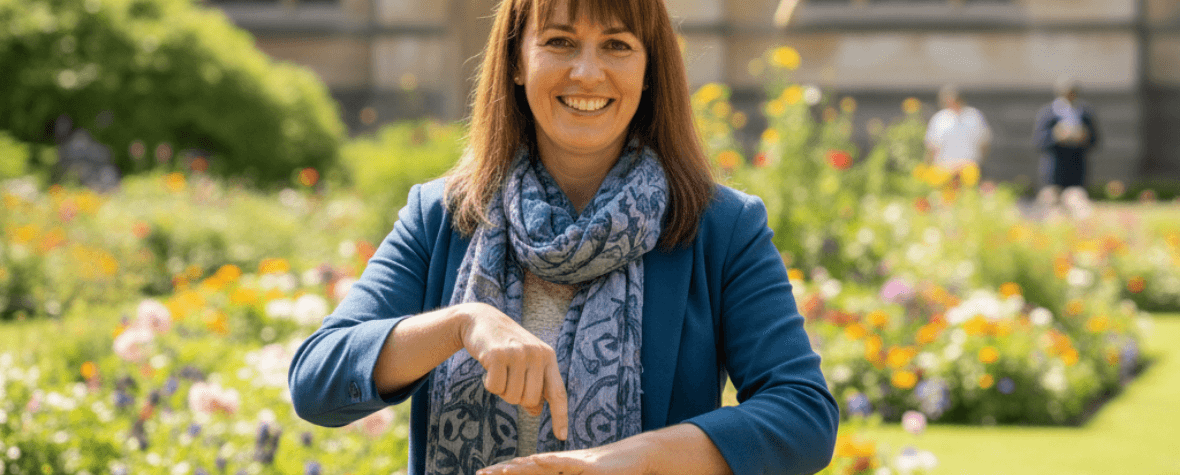 Female BSL instructor demonstrating a meaningful sign in a beautiful outdoor environment