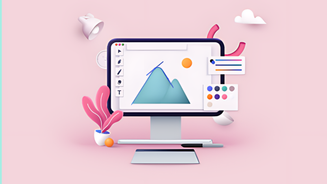 “Graphic design workspace with computer monitor displaying blue mountain illustration surrounded by creative tools on pink background.”