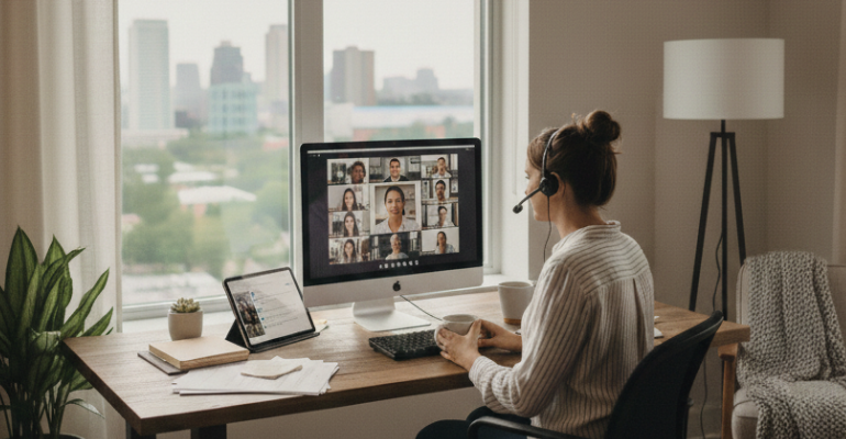 Professional woman wearing a headset looking at a computer monitor with nine participants in a video meeting.