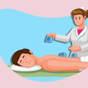 Nurse performing clinical cupping therapy on a man