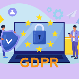 “GDPR compliance concept with characters holding shield and clipboard beside laptop displaying padlock symbol against EU stars backdrop.”