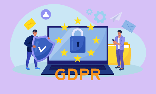 “GDPR compliance concept with characters holding shield and clipboard beside laptop displaying padlock symbol against EU stars backdrop.”