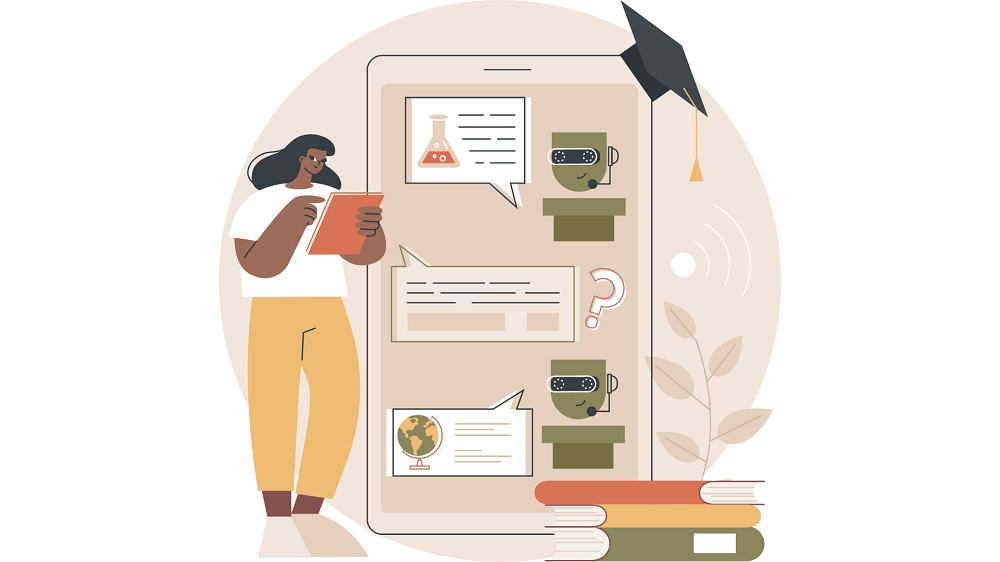 “Illustrated student engaging with mobile e-learning platform featuring academic icons and interactive education elements.”