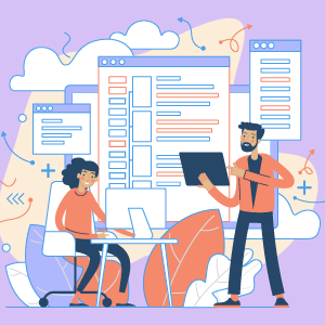 “Two professionals working on web development with a large computer screen display in the background, illustrating modern website design and coding.”