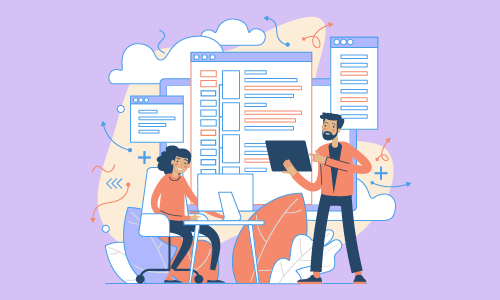 “Two professionals working on web development with a large computer screen display in the background, illustrating modern website design and coding.”
