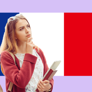 A French girl with the French flag in the background, deep in thought