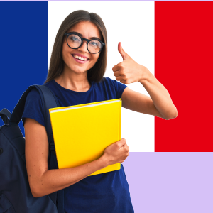 A happy French girl holding documents, with the French flag on the wall behind her.