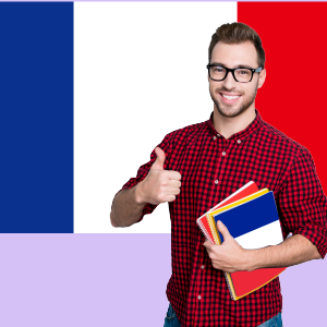 A man in a red shirt stands on black glass holding books, with a French flag visible on the background wall 2