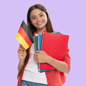 A girl with long hair holding a German flag, wearing a white top with red accents, and holding a notebook in her hands.