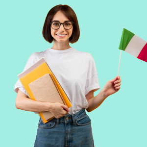 A beautiful girl with short hair, wearing a white top, holding an Italian flag in one hand and a notebook in the other.