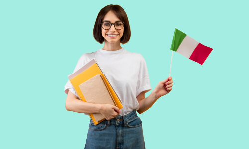 A beautiful girl with short hair, wearing a white top, holding an Italian flag in one hand and a notebook in the other.