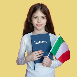 A beautiful girl with long hair holding an Italian flag while wearing a white top and holding an Italian book.