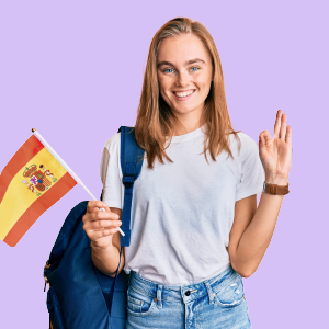 A girl holding a Spanish flag in front of a structure labeled 'Build Structures in Spanish - Structure 2