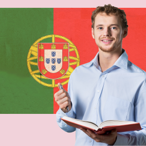 A person holding a book with a Portuguese flag in the background