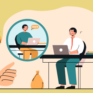 Illustration of two people communicating through digital devices, representing digital communication and business.