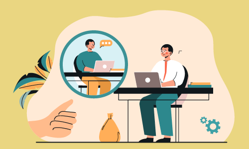 Illustration of two people communicating through digital devices, representing digital communication and business.